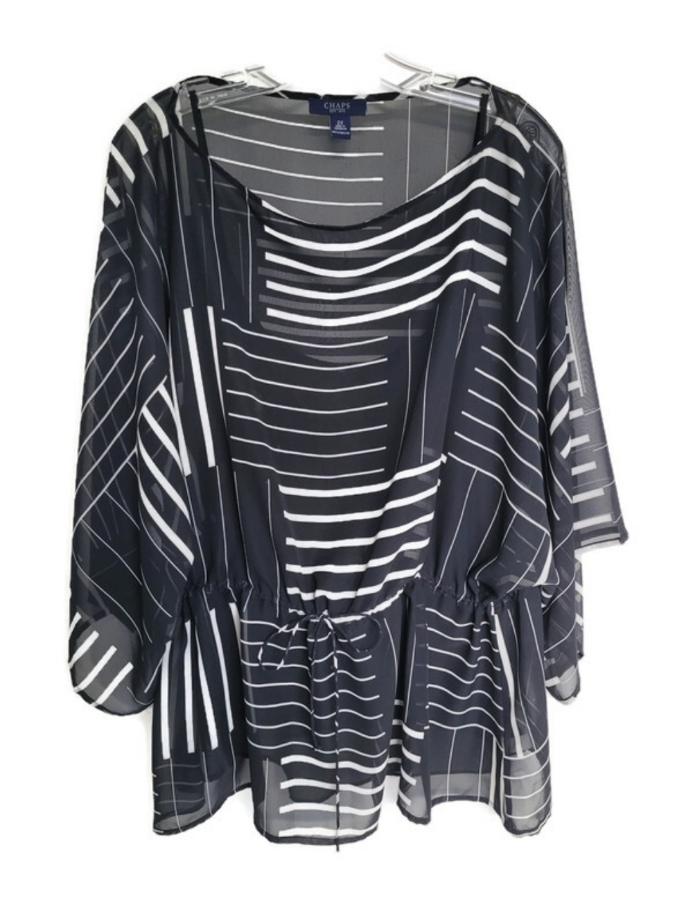 Chaps Black & White Striped Sheer Drawstring Waist Tunic